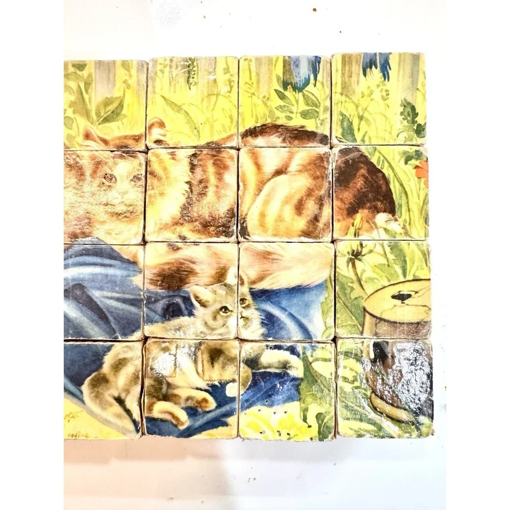 Vintage Farmhouse Wooden Picture Blocks Puzzle Chicken Horse Kitten‎ Cottagecore